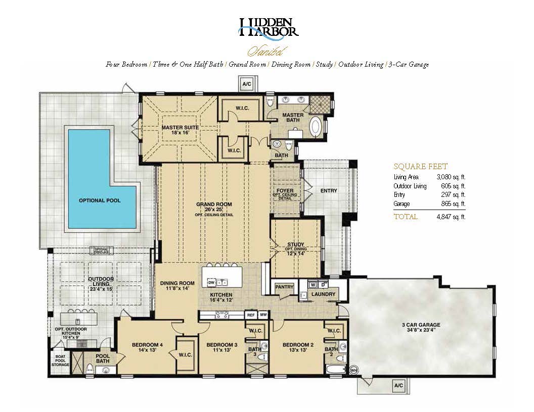 Sanibel Floor Plan in Hidden Harbor Estates, Fort Myers, Stock Construction, Four Bedroom, Three and One Half Bath, Grand Room, Dining Room, Study, Outdoor Living, 3-Car Garage